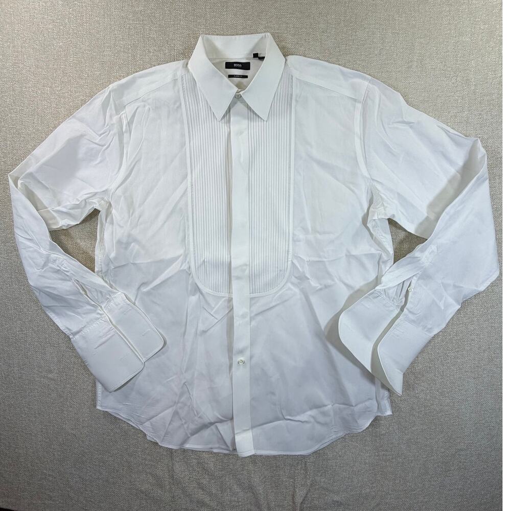 Hugo Boss Men 17.5 36/37 White Classic Fit French Cuff Tuxedo Dress Shirt Formal